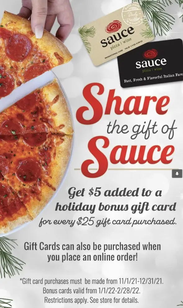 Sauce Pizza & Wine Holiday Bonus Gift Card