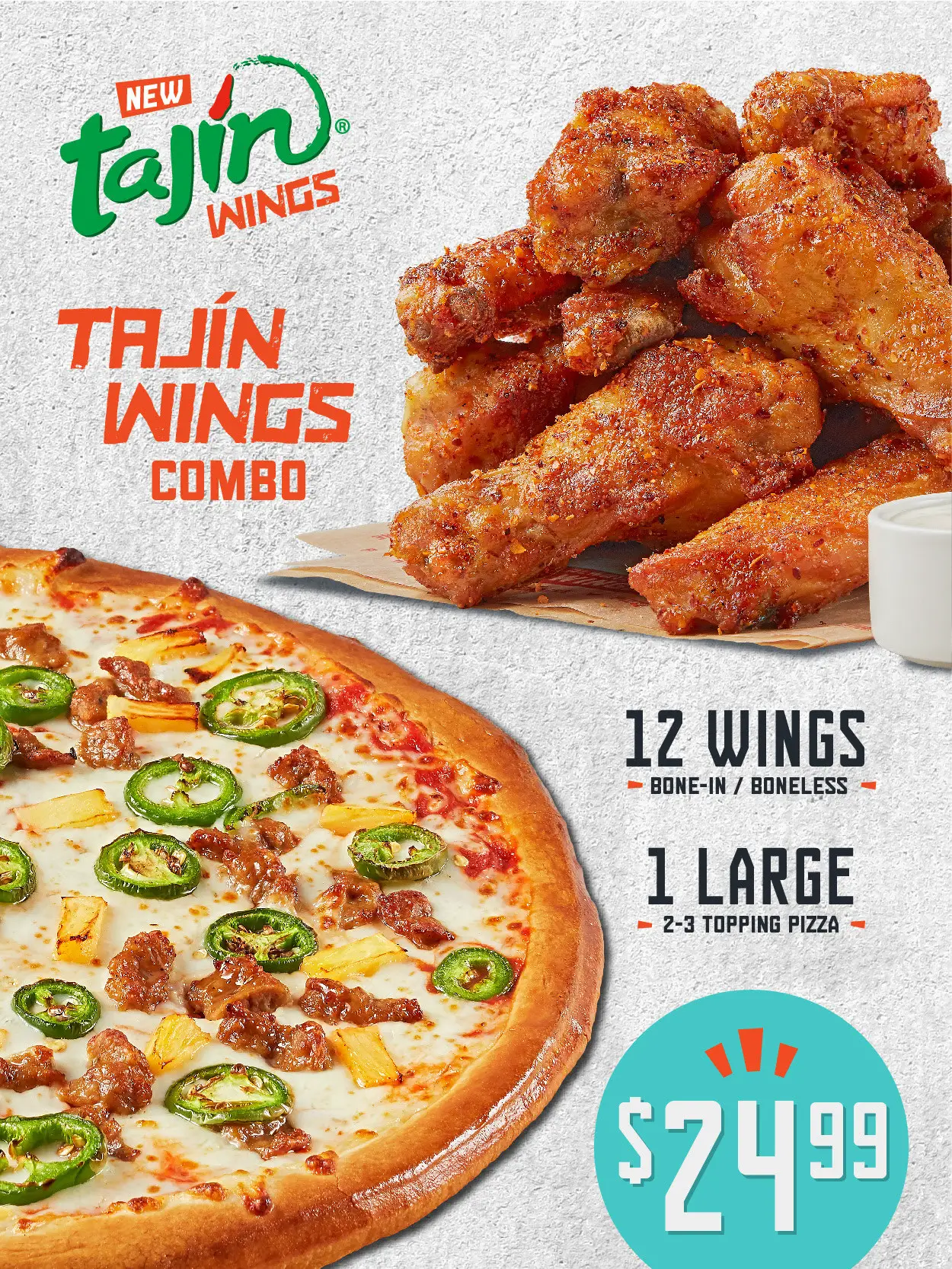 Pizza Patron National Pizza Day Get 12-Pc Tajin Wings and a Large 3 Topping Pizza for $24.99