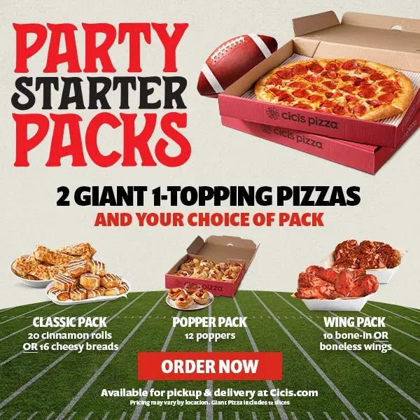 Cici's Super Bowl Two Giant 1-Topping Pizzas + Choice of Pack (Bread, Popper or Wing)