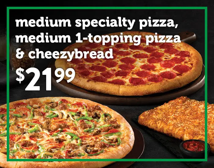 Marco's Pizza Pi Day Get a Medium Specialty Pizza, a Medium 1-Topping Pizza, and CheezyBread for Only $21.99