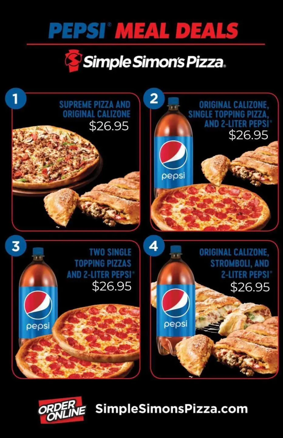 Simple Simon's Pizza National Eat What You Want Day Get Original Calizone, 1-Topping Pizza and a 2-Liter Pepsi for $26.95