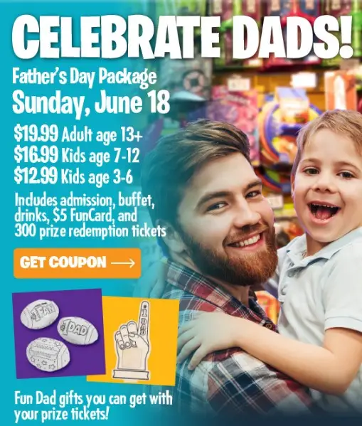 John's Incredible Pizza Father's Day [Father's Day Package] Admission, Endless Buffet and Drinks, FunCard + 300 Tickets for $19.99