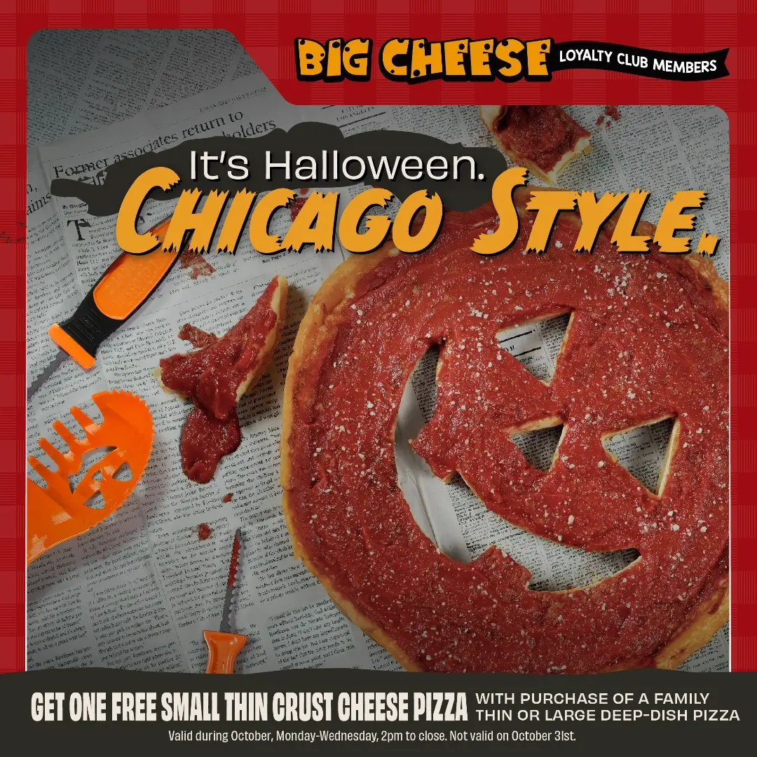 Beggars Pizza Halloween Big Cheese Loyalty Club: Free Small Thin Crust Cheese Pizza