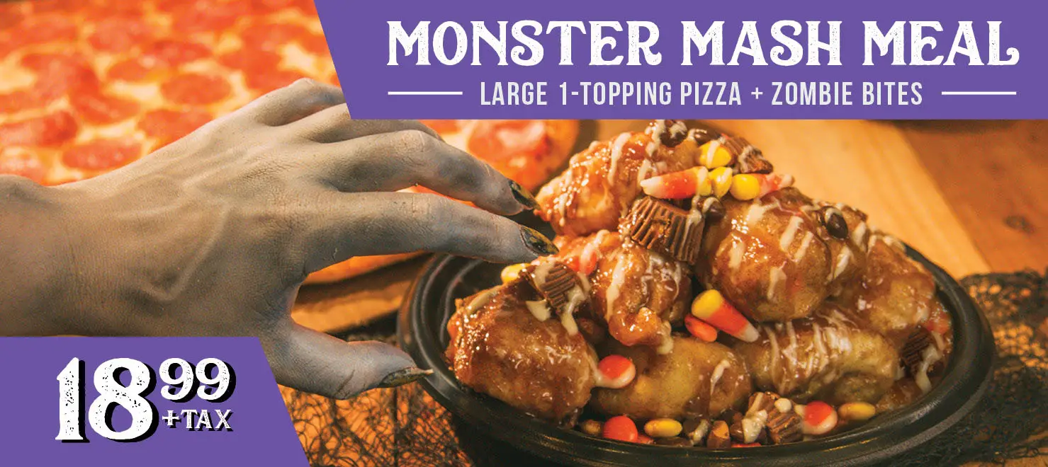 Me-N-Ed's Pizza Halloween Monster Mash Meal: Large 1 Topping and Zombie Bites for $18.99 Only