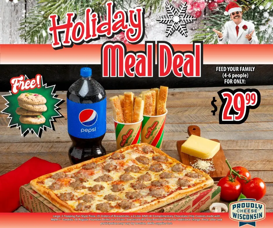 Rocky Rococo Pizza and Pasta Thanksgiving Holiday Meal Deal: Large Pan Style Pizza, Breadsticks, 2 Liter and 4 Cookies