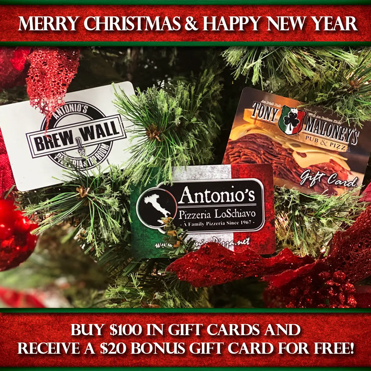Antonio's Pizza Christmas Buy $100 Gift Cards, Get $20 Bonus Card for Free
