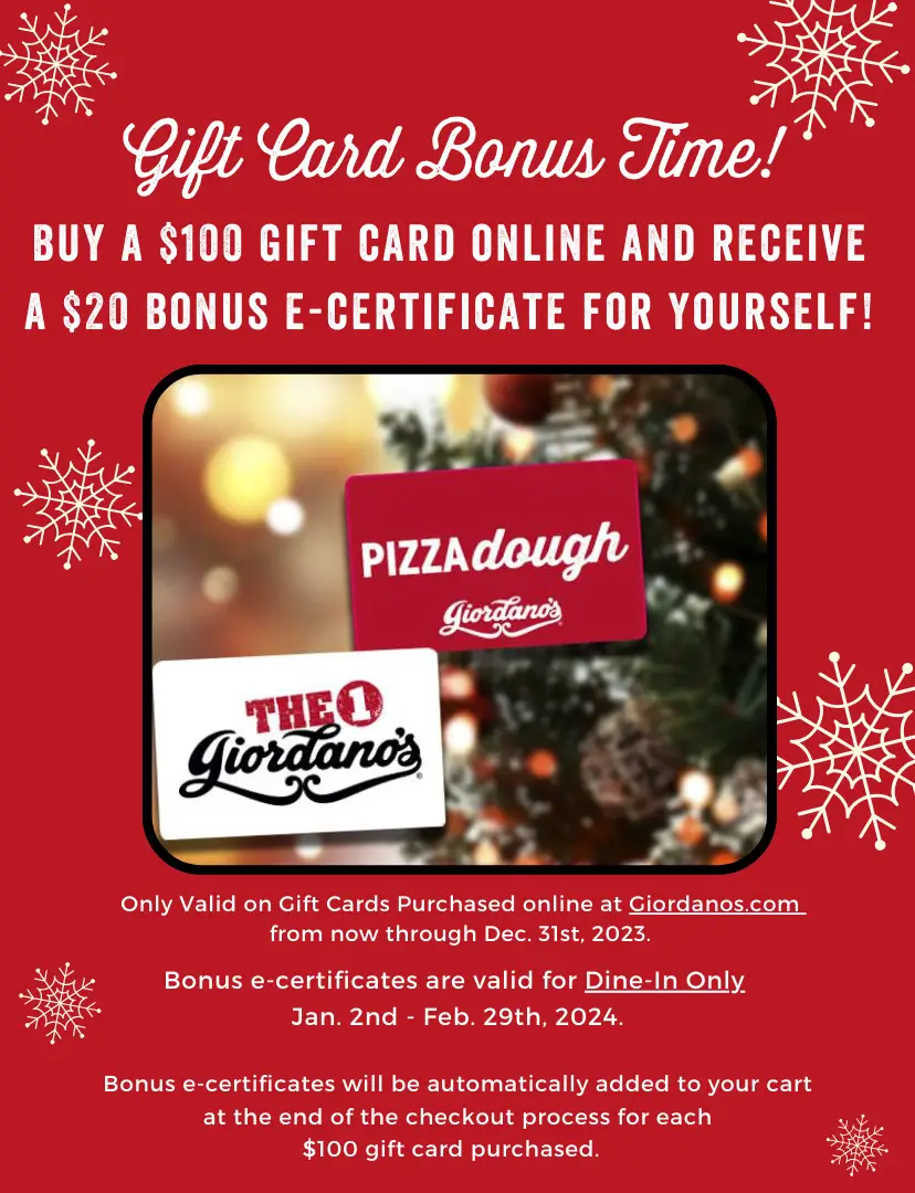 Giordano's Pizza Christmas Buy $100 Gift Cards, Get a Free $20 E-Certificate
