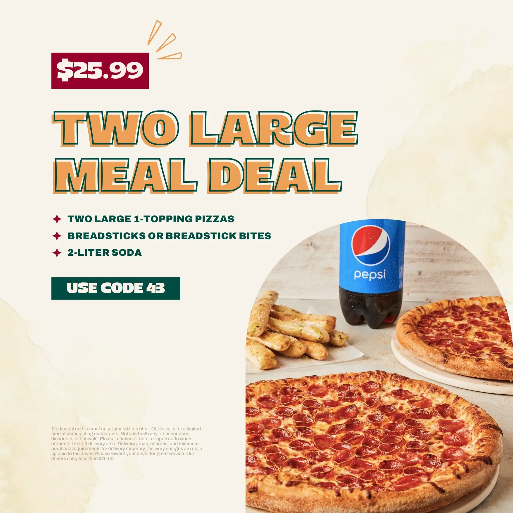 Vocelli Pizza National Pizza Week 2 Large 1-Topping Pizzas, Breadstick Bites, 2-Liter Soda for Only $25.99