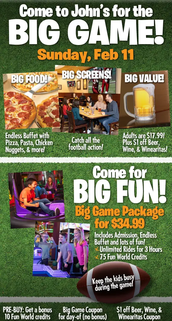 John's Incredible Pizza Super Bowl Big Game Package: Endless Buffet, 3-Hr Unlimited Rides, 75 FunWorld Credits