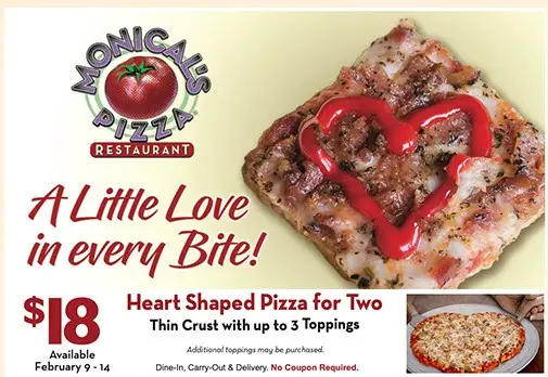 Monical's Pizza Valentine's Day [Valentine's Day] Heart-Shaped Thin Crust Pizza Up to 3 Toppings for $18