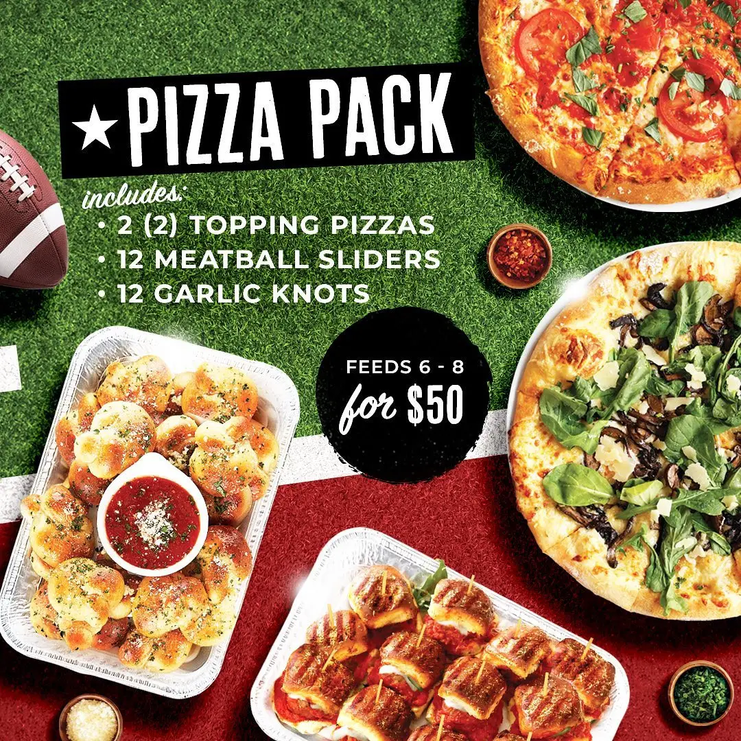 Sauce Pizza & Wine Super Bowl Pizza Pack: 2 Pizzas w/ 2-toppings, 12 Meatball Sliders, 12 Garlic Knots for $50