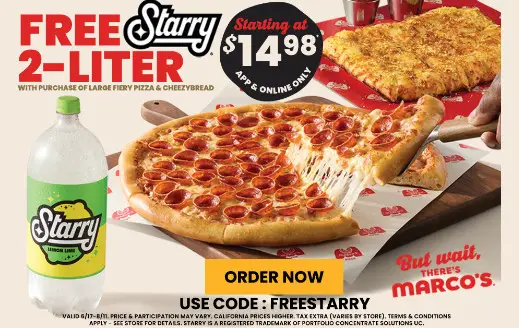Marco's Pizza 4th of July Get Free 2-Liter Starry for Free w/ Large Fiery Pizza and Cheezybread
