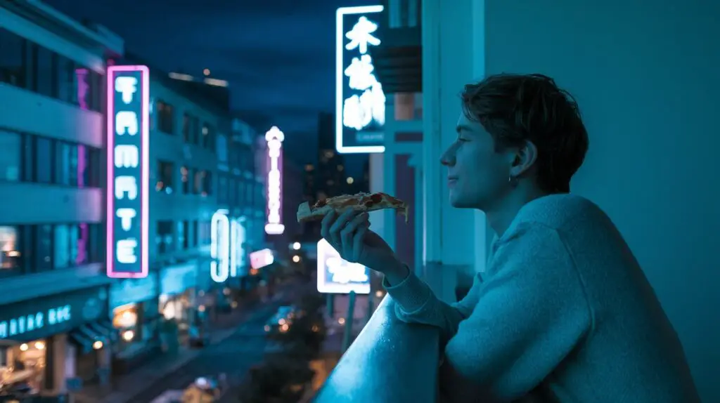 A boy standing on terrace holding pizza slice late night