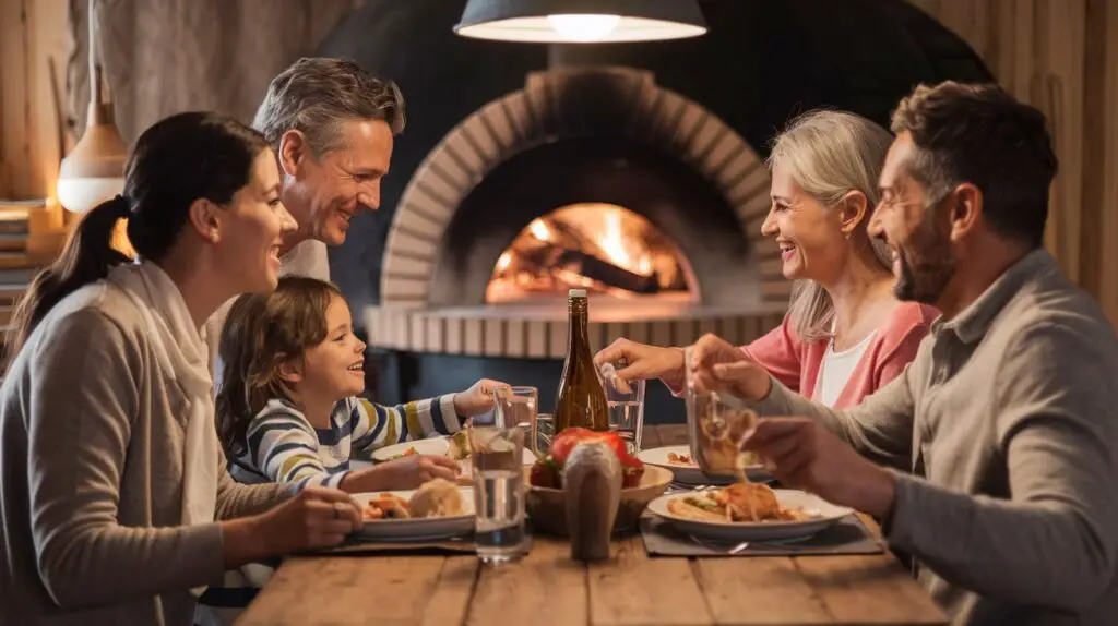 Family eating pizza together. 2 male , 2 female and a child