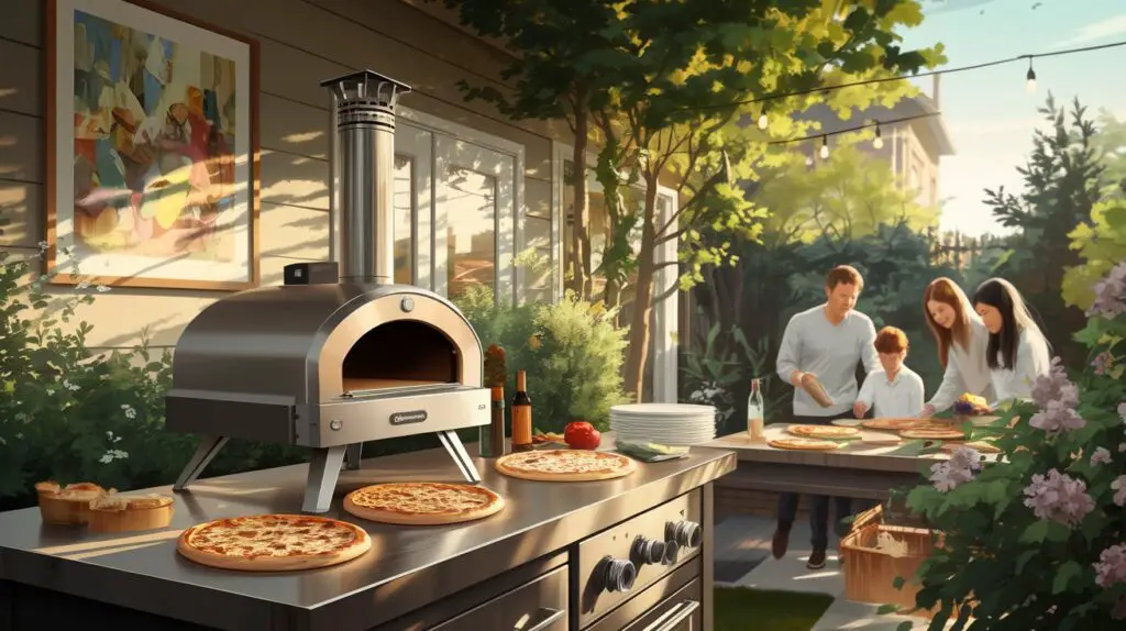 family using pizza oven outdoor