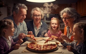 whole family eating pizza together