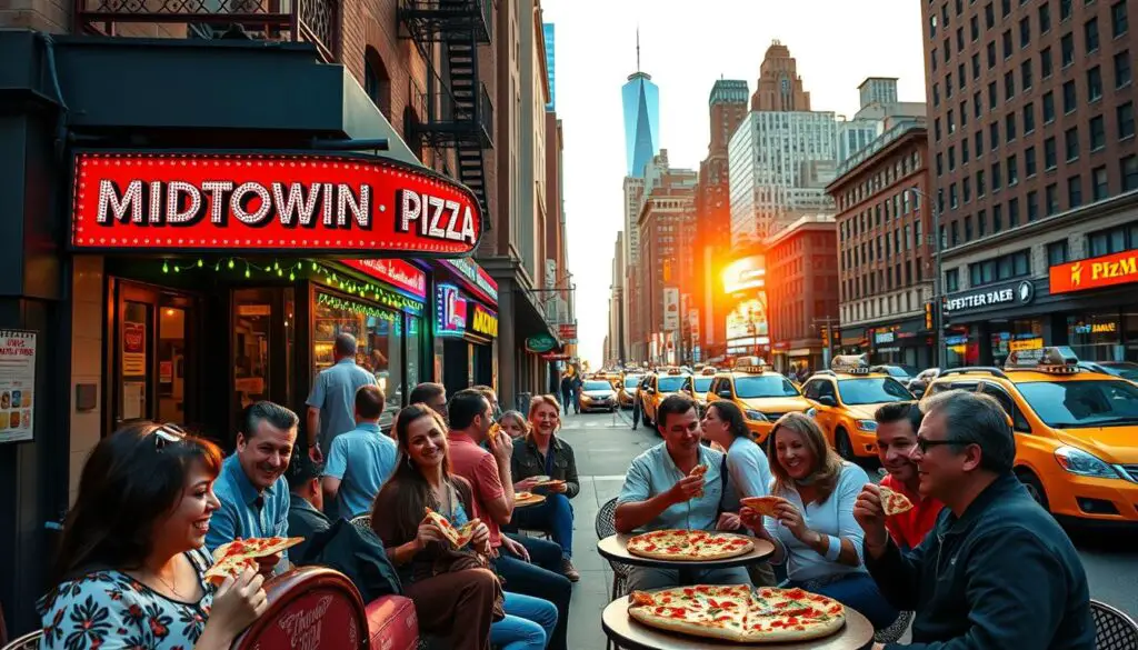 people enjoy pizza at Midtown pizza shop