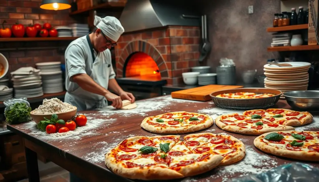 Cook making pizzas