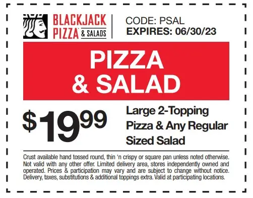 Blackjack Pizza National Pizza Party Day Large 2 Topping Pizza and Salad for $19.99