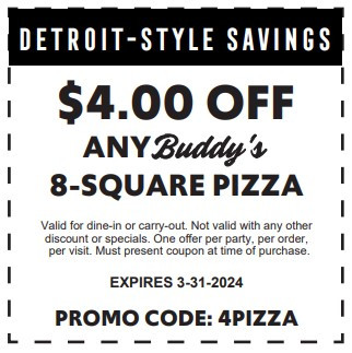 Buddy's Pizza Pi Day Get $4 Off Any 8-Square Pizza