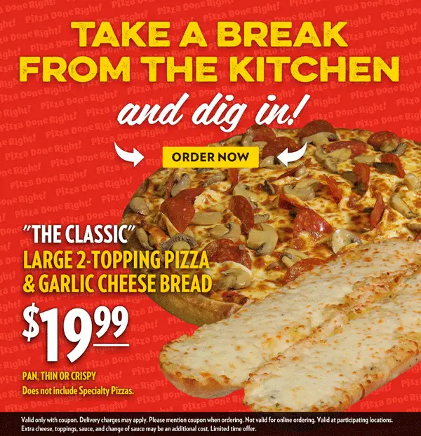 East of Chicago  Thanksgiving Classic Large 2-Topping Pizza & Garlic Cheese Bread for Only $19.99