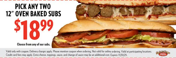 East of Chicago  Printable Coupon Pick Any Two 12-inch Oven Baked Subs for Only $18.99