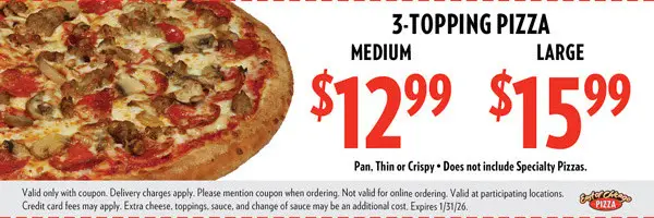 East of Chicago  Printable Coupon Get 3-Topping Pizza (Medium) for $12.99, (Large) for $15.99