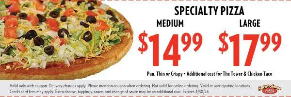 East of Chicago  Printable Coupon Specialty Pizza Medium for Only $14.99 | Large for Only $17.99