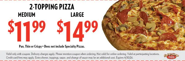 East of Chicago  Printable Coupon Medium 2-Topping Pizza for $11.99 | Large 3-Topping Pizza for $14.99