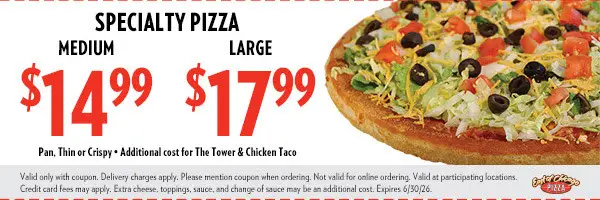 East of Chicago  Printable Coupon Medium Specialty Pizza For $14.99 & Large Specialty Pizza For $17.99