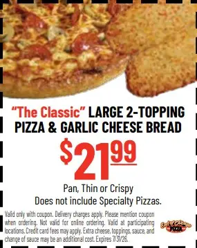 East of Chicago  Printable Coupon Classic Large 2-Topping Pizza & Garlic Cheese Bread