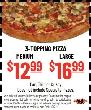 East of Chicago  Printable Coupon Get 3-Topping Pizza (Medium) for $12.99 OR (Large) for $16.99
