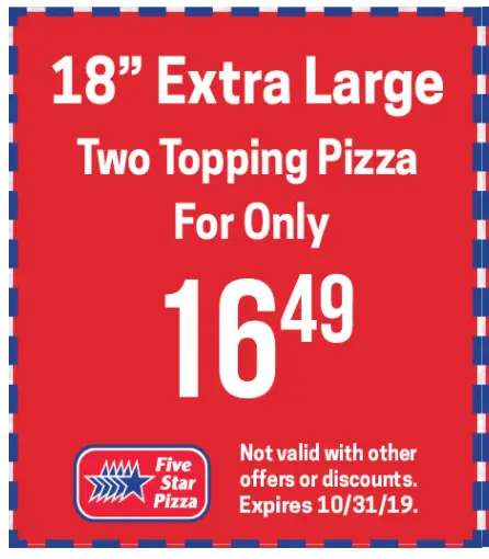 $5 Off Five Star Pizza Coupons, Promo Codes & Deals (Dec 2023)