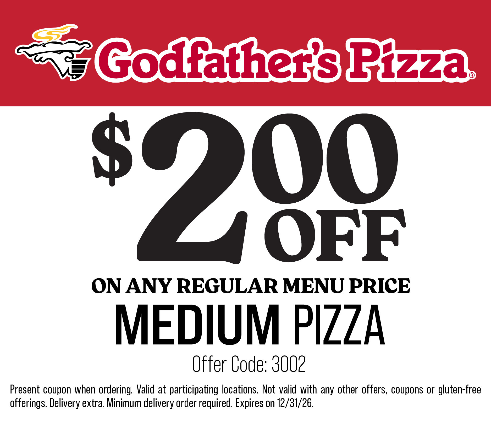Godfather's Pizza Printable Coupon Grab $2 Off On Any Regular Menu Price Medium Pizza