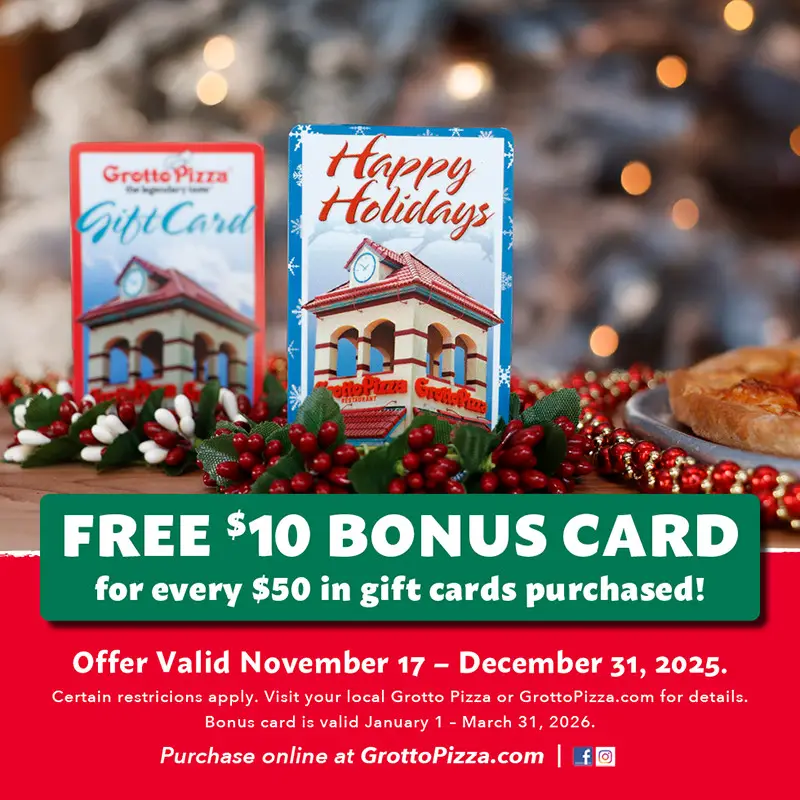 Grotto Pizza Printable Coupon FREE $10 Bonus Card with $50 Gift Card Purchase!