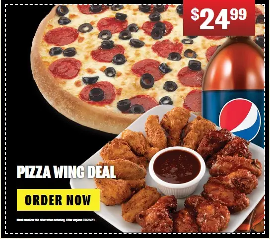 Happy's Pizza Presidents Day Get 1-Topping, 1 Lb Happy Wings and 2L Pepsi for $24.99