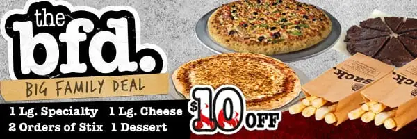HotBox Pizza Printable Coupon Blue Family Deal: Large Specialty, Large Cheese, 2 Stix & Dessert For $10 Off