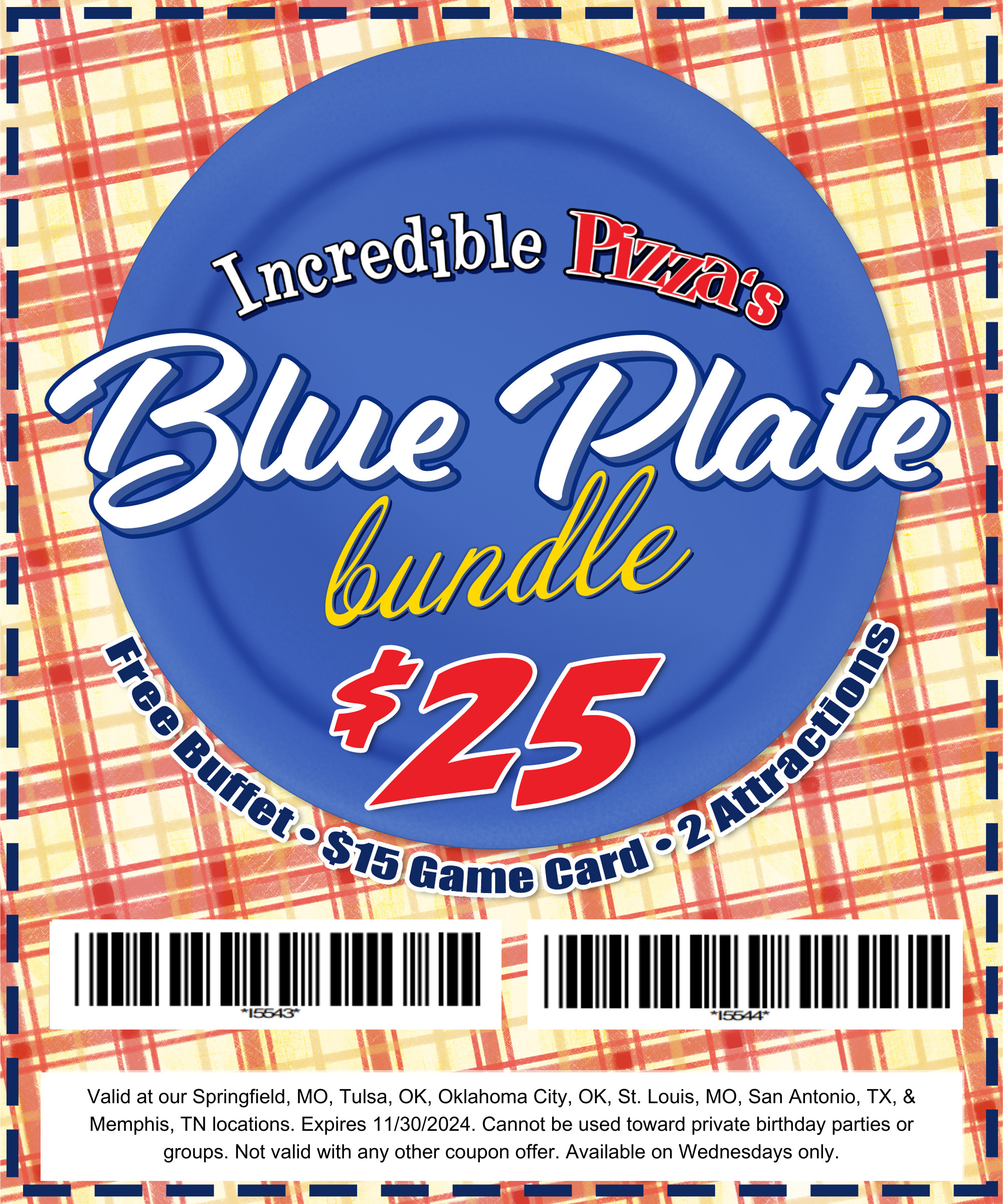 Incredible Pizza Printable Coupon Blue Plate Bundle: Endless Buffet and Drinks, $15 Game Card and 2 Attractions for $25 Only