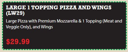 Jet's Pizza Printable Coupon Large 1 Topping Pizza w/ Mozarella and Wings for $29.99