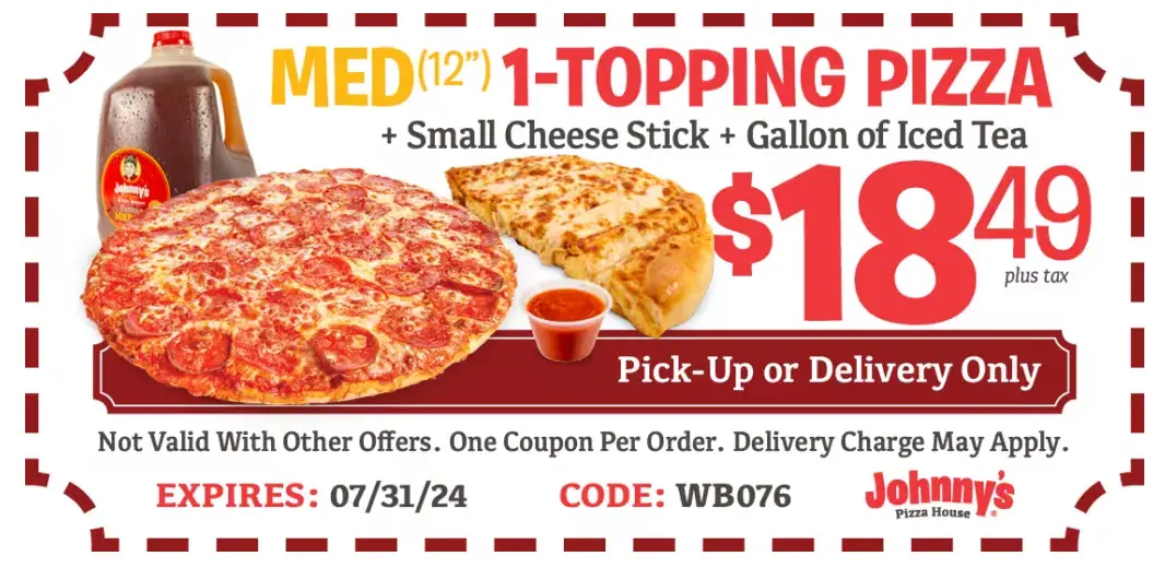 Johnny's Pizza House 4th of July Get Medium 1-Topping Pizza, Small Cheese Stick & Iced Tea for $18.49 