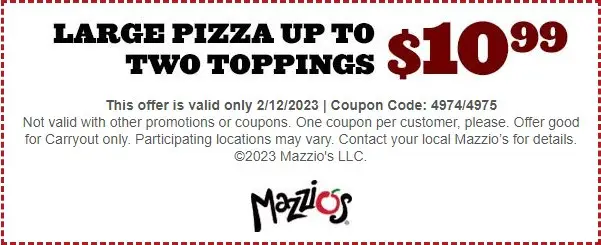 Mazzio's Super Bowl Get a Large Pizza w/ 2 Toppings for $10.99 