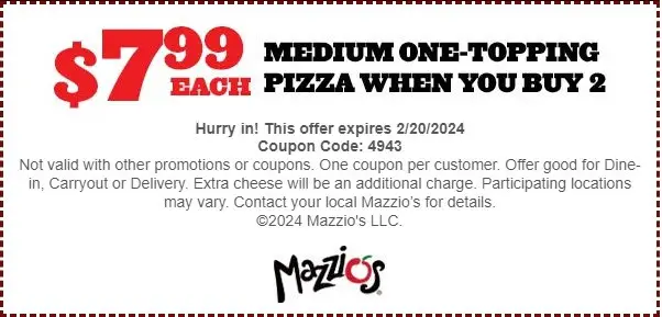 Mazzio's National Pizza Day Get a Medium 1 Topping Pizza for Only $7.99