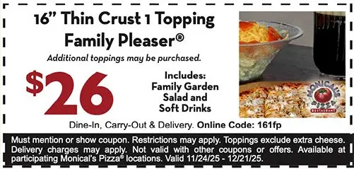 Monical's Pizza Printable Coupon Get 16