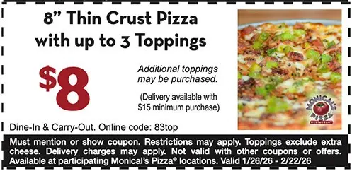 Monical's Pizza Printable Coupon Get 8