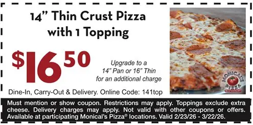 Monical's Pizza Printable Coupon Get 14