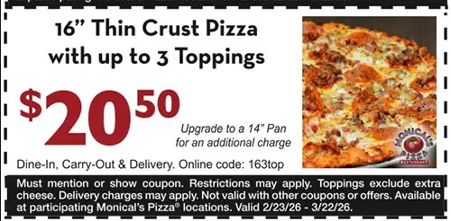 Monical's Pizza Printable Coupon Get 16