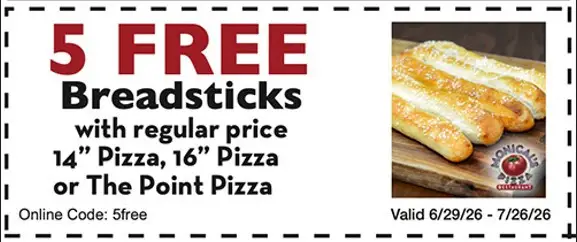 Monical's Pizza Printable Coupon Get Free 5 Packs of Breadstick with 14