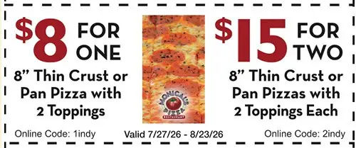 Monical's Pizza Printable Coupon 2 Thin Crust Or Pan Pizza With 2 Toppings for $15