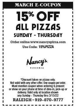 Nancy's Pizza 02 Tuesday Deal Get 15% Off All Pizzas - No Limit!