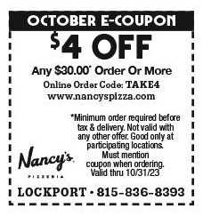 Nancy's Pizza National Pizza Month  Get $4 Off Orders of $30 or More